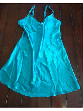 VINTAGE 80s 90s Women's California Dynasty Teal Satin Chemise Slip Dress Medium